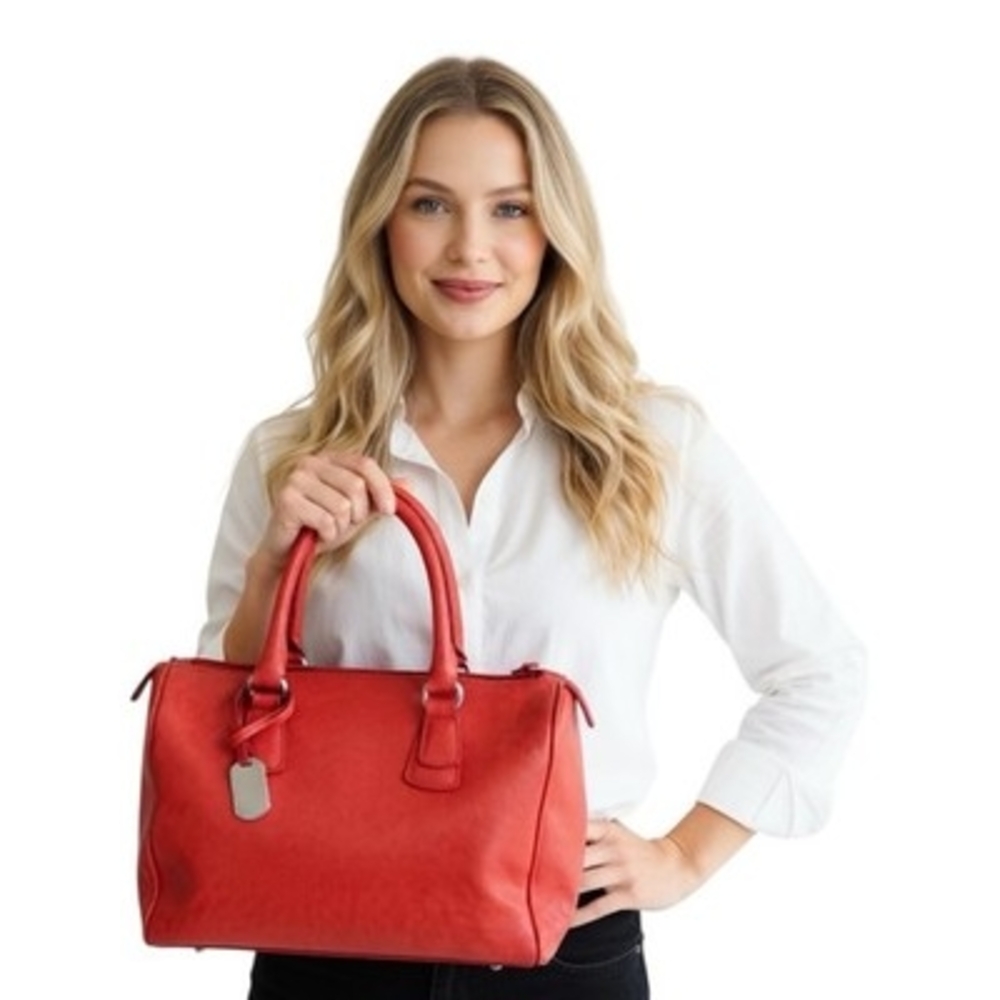 Furla Orange Red Saffiano Leather Speedy Satchel Tote Handbag Silver Charm VG